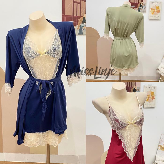 Setelan Lingeri Baju Tidur Set Kimono dan Dress Renda Ice Silk Premium
