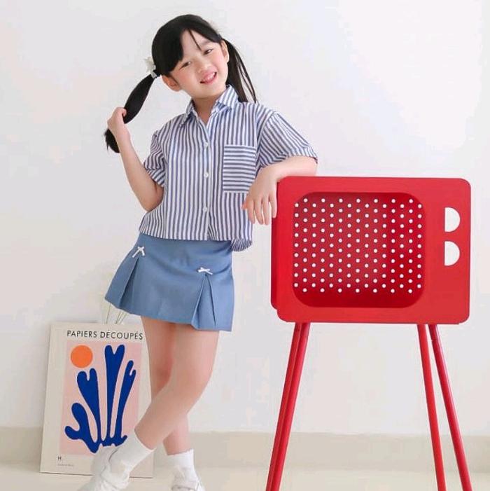 Kemeja Lengan Pendek Anak Cewek / Kemeja Katun Motif Garis Garis Usia 1-8 Tahun