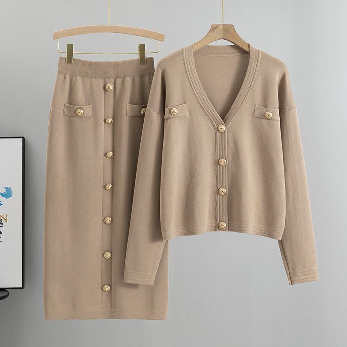 Ensemble Muslim Two Piece Sets Women Cardigan Sweater Buttons Knitted Coat Long Skirt Suit Knitting