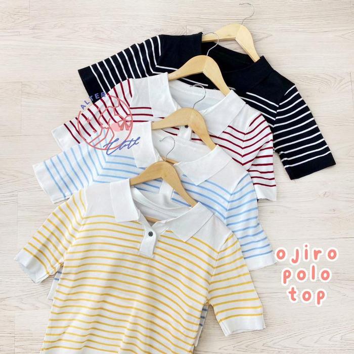 rhea.store - OJIRO POLO TOP | Atasan Wanita Kaos Kerah Motif Garis Knit Rajut Fashion Knitwear Lenga