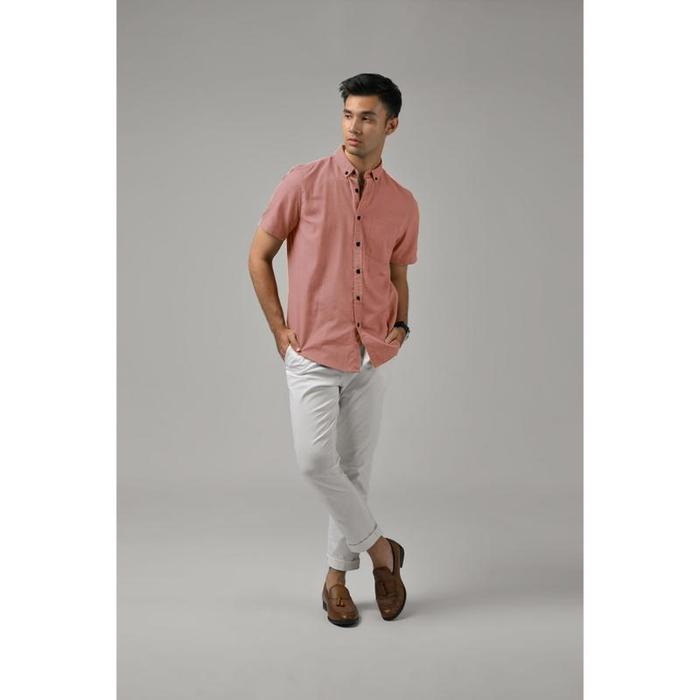 Kemeja / Hem Polos Pria / Cowok Lengan Pendek Kasual / Formal Warna PINK PEACH/ Pink / biru denim | 