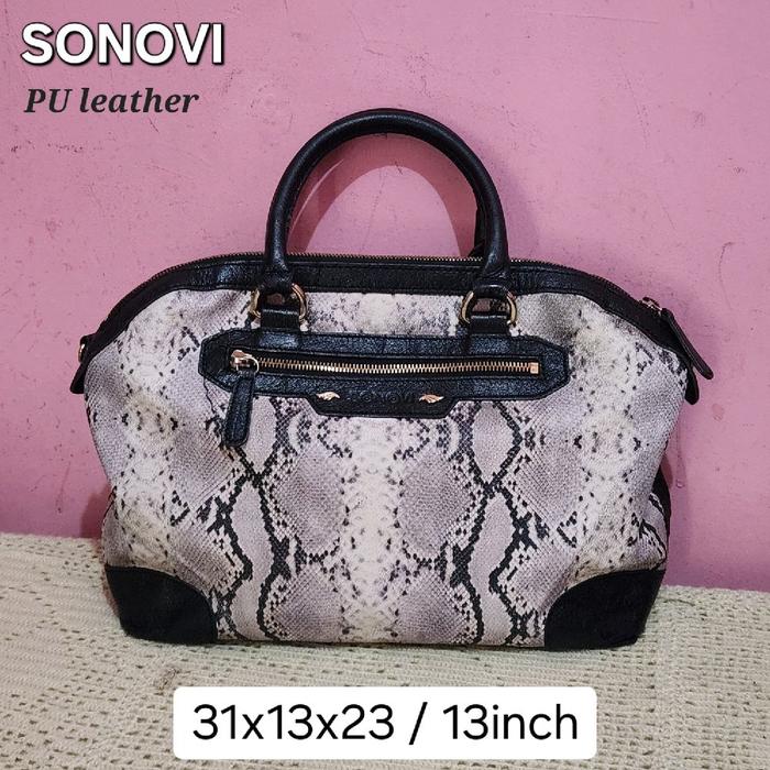 Tas PL SONOVI Handbag/Tote/Selempang Kulit PU awet Black-Grey-Snakeskin print Waterproof 13inch 31x2