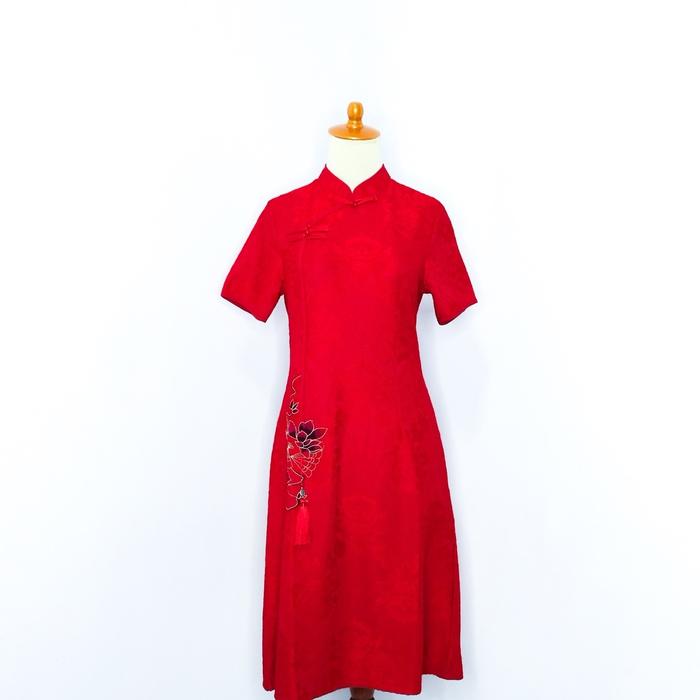 21 - Dress Cheongsam Merah Qipao Brokat / Dress Import / Dress Cina / Dress Sangjit / Dress China /