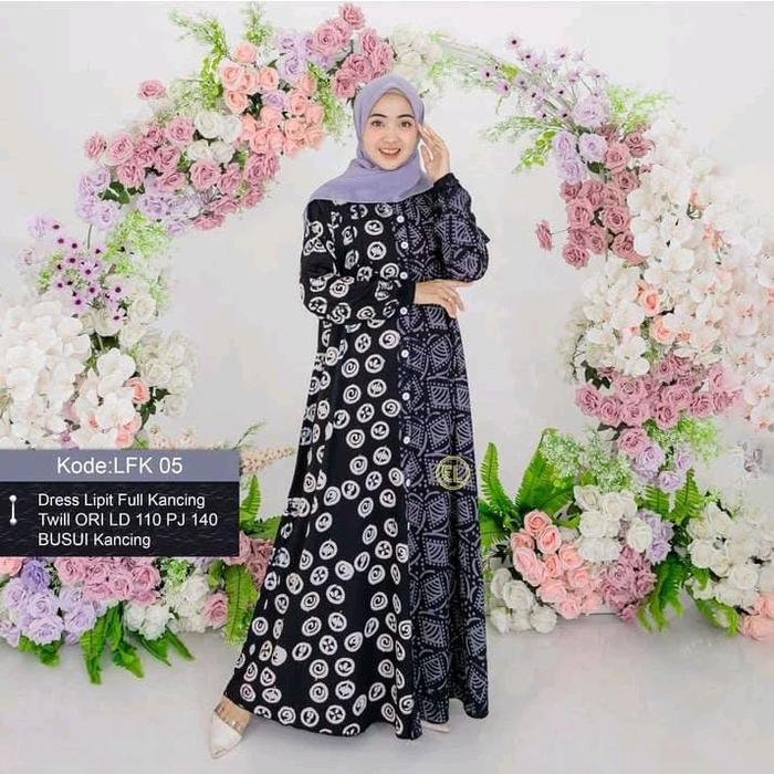 GAMIS ELZAF TERBARU DRESS LIPIT FULL KANCING TWILL ORI Muslim  Wanita