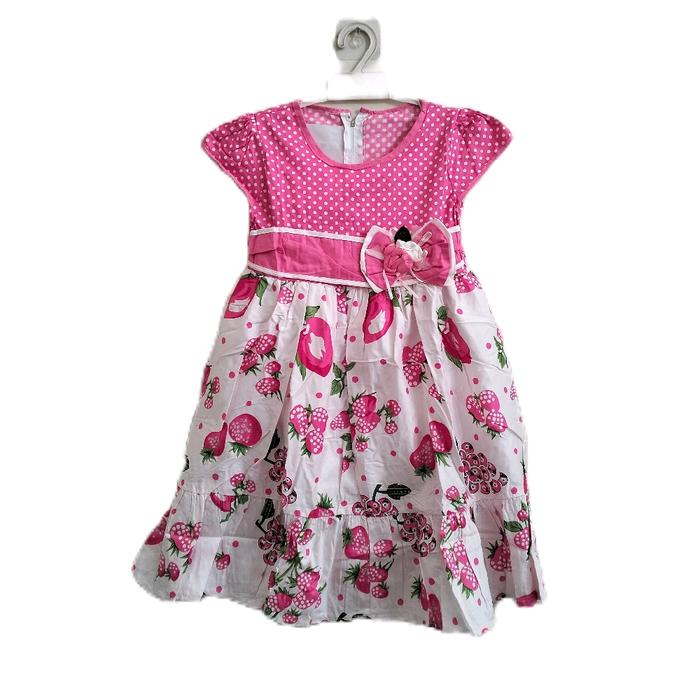 Dress Baju Anak Usia 4-7 Thn dari Kain Katun Motif Gambar Buah Anggur Aksesori Pita Pinggang 4 Pilih