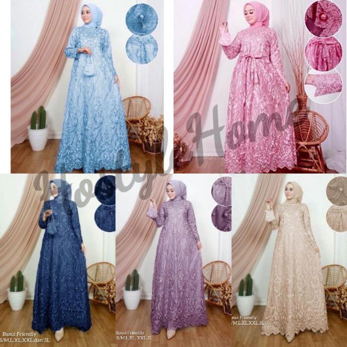 (New) Lestya - Baju Dress Gamis Full Brukat Brokat Busui Free Masker Tali Obi Wanita Muslim Ukuran S