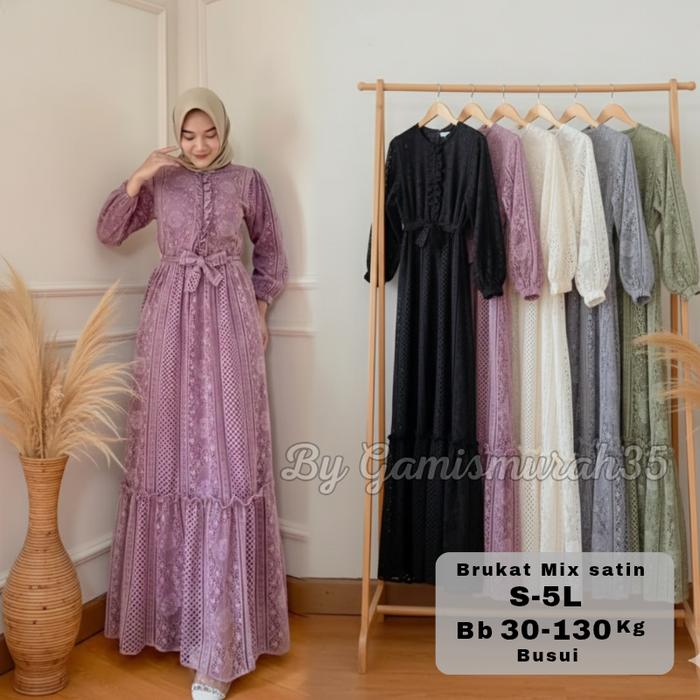 Zizara Dress - Ukuran S M L XL XXL 3XL 5L Gamis Dress Wanita Jumbo Brukat Satin Furing Busui Ld 140