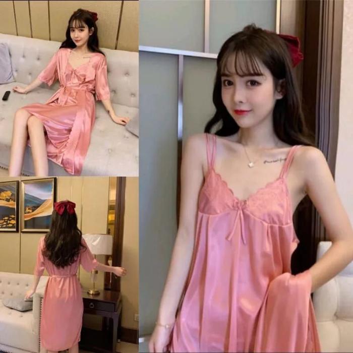 Ready (COD) Pakaian malam | Baju Malam BAJU TIDUR KIMONO SEXI 2IN1 SATIN TRICOT IMPORT