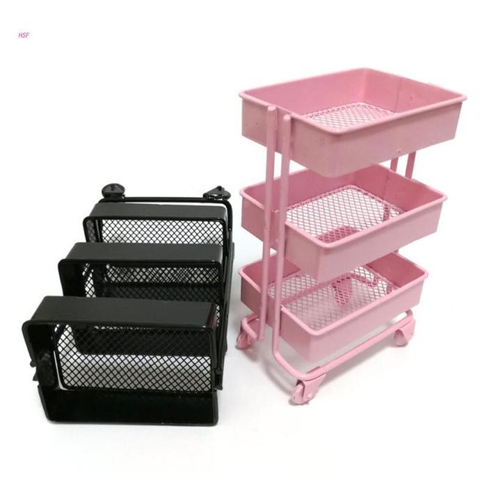 3 Tiers Mini Trolley Storage Rack Dollhouse Iron Rolling Bookshelf