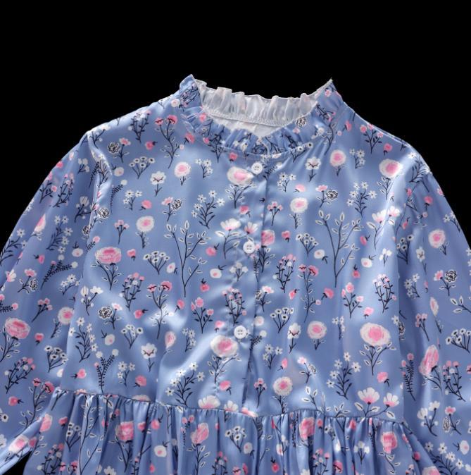 J&W 2025 Hit panas Dress | Gaun berwarna biru dengan pola bunga kecil berwarna merah muda | Gaun kas