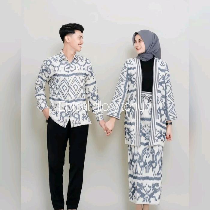 Set Couple Tenun Lebaran Cardigan Rok  Pesta Pernikahan Gamis Muslim Wanita Panjang Katun - Atasan, 