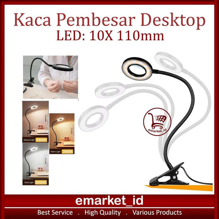 EM Kaca Pembesar Klip Desktop LED 10X 110mm E046X / Meja USB Magnifier Lampu Baca Table Lamp / Multi