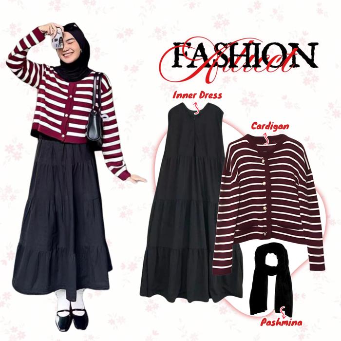 Louvee Outfit / one set remaja 3in1 /  Setelan Kekinian / outfit wanita kekinian / Cardigan Rajut St