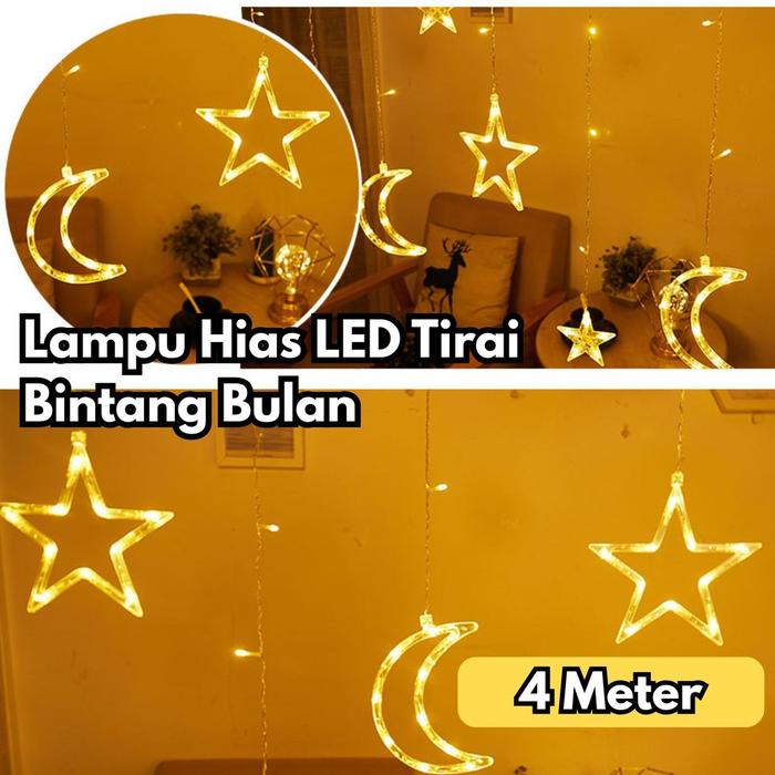 Lampu Ramadhan 4 Meter Hias Led Tirai Bintang Bulan Dekorasi Indoor Outdoor Br130