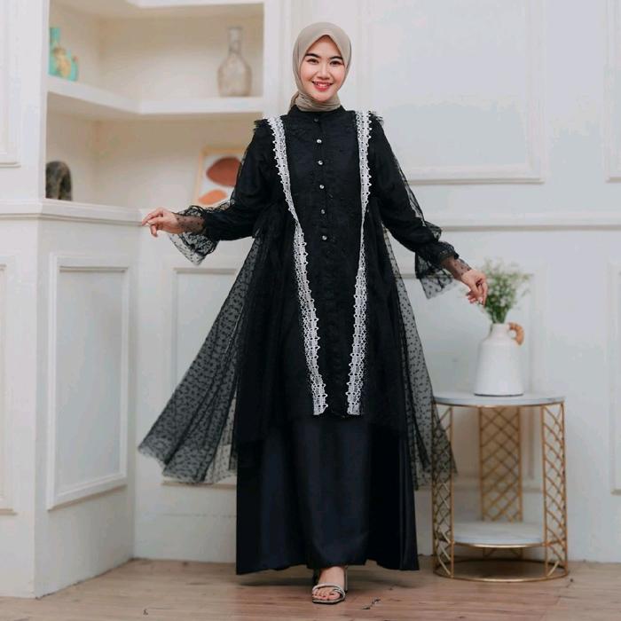 Safa Dress Gamis dan Outer Tile Bordir Mutiara Mix Tutu Polkadot - Satin Velvet Roberto Cavalli - Bu