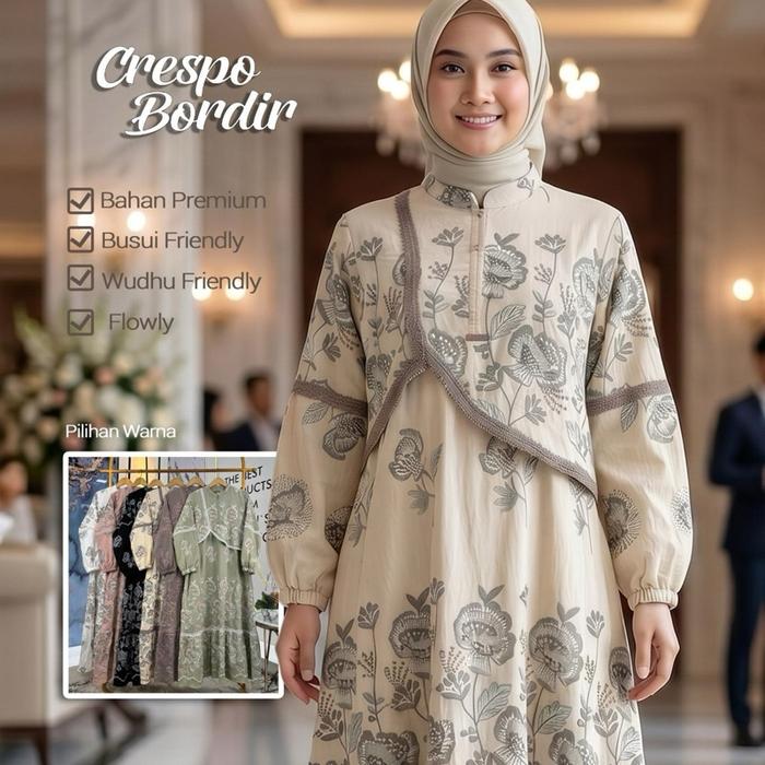 Najwa Midi Dior Gamis Crespo Bordir Bahan Premium Busui Friendly Wudhu Friendly Flowly Gamis Mewah A