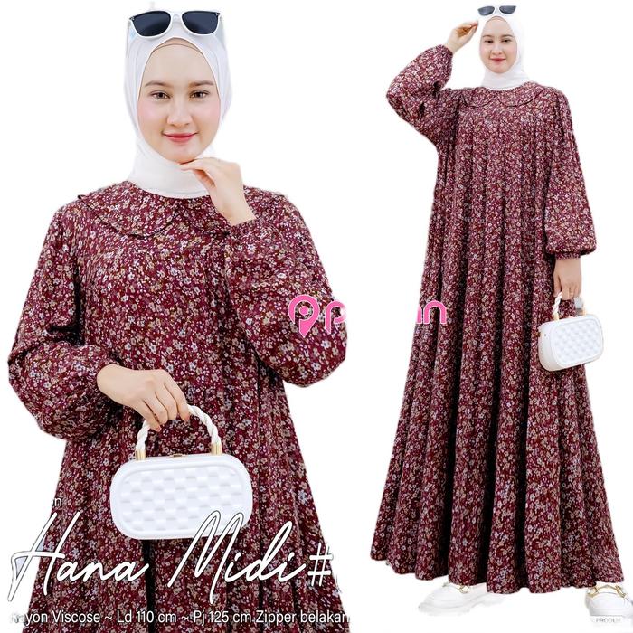 [Pinkan] Hana #5 Midi Rayon Viscose Dress Wanita Motif Bunga Hitam Brokenwhite Remaja Muslim Gamis L
