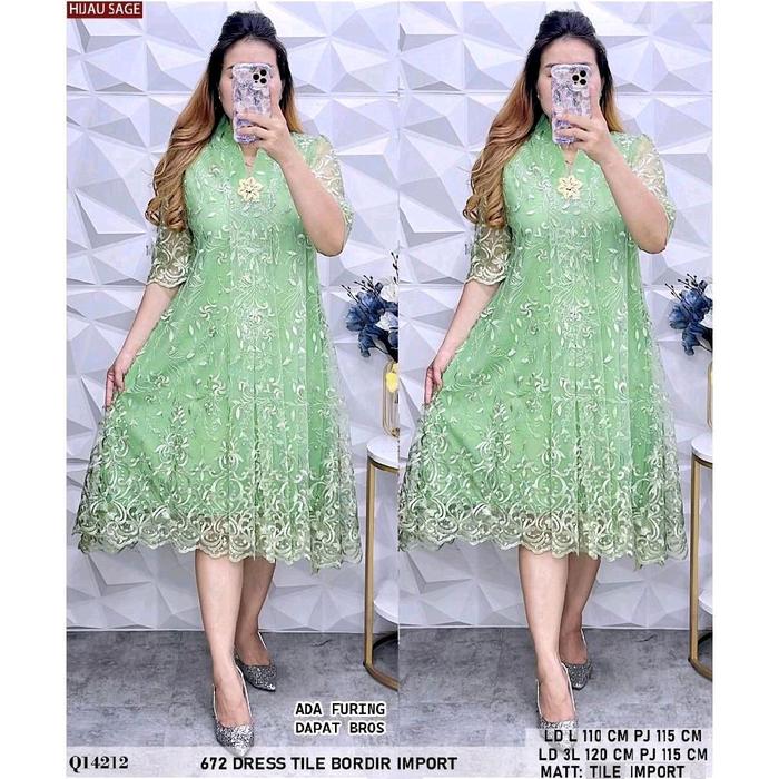 Dress brokat tile warna hijau Sage L