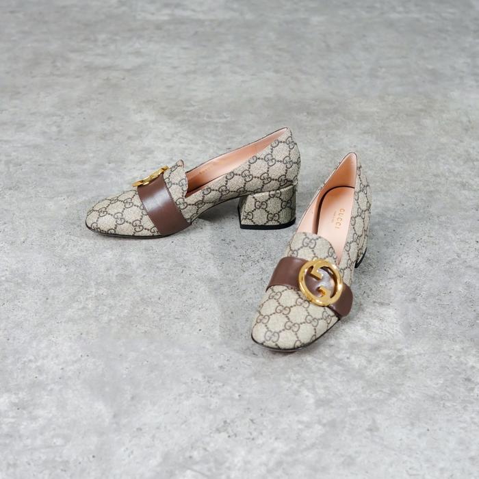 Sepatu GUCCI GG MONOGRAM GHW INTERLOCKING BELT CAMEL BROWN HEELS 100% ORIGINAL