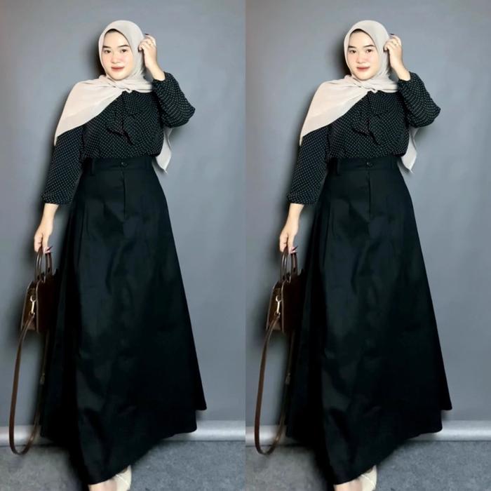 Rok Rempel Savva Skrit KatunTwill Kombed Panjang Wanita Model Raffle Kancing Resleting Depan Karet A