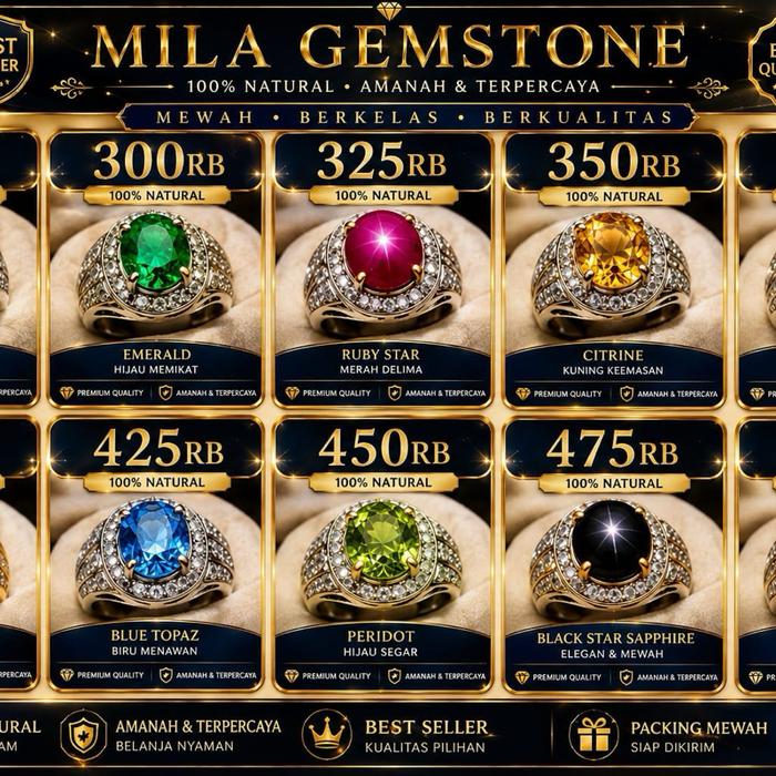 Mila Gemstone Cincin Batu Permata Alam 100% Natural Emerald Ruby Star Citrine Blue Topaz Peridot Bla