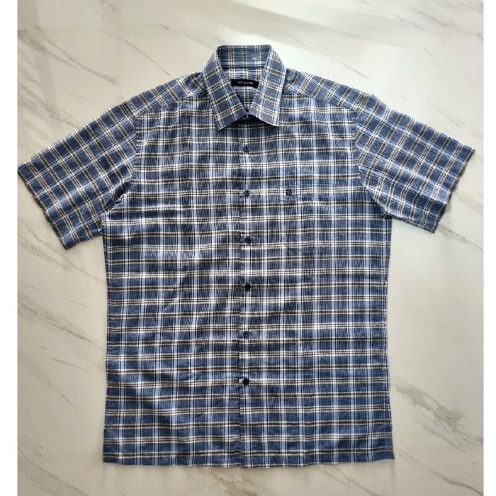 Kemeja Pria - Kemeja Pria Lengan Pendek - Kemeja Kotak kotak - Kemeja Plaid Biru Putih dengan Kancin