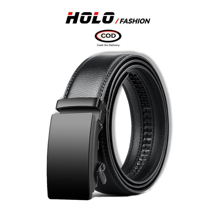 Holo Gesper Lkat Pinggang Pria Kulit Hitam Buckle Besi Sabuk Otomatis Belt