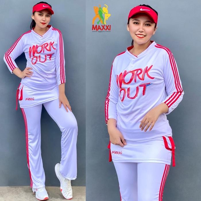 Setelan Baju Senam Rok Merah Putih Setelan Baju L Gym Fitness Running Jogging Cycling Sepeda Gowes T