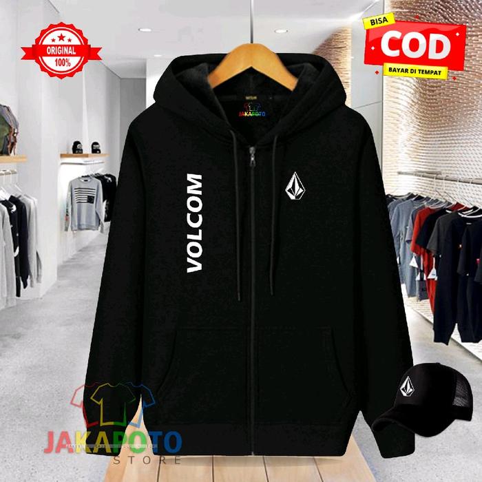 Volcom Jaket Hoodie Pria Hitam dengan Logo Vcom Tx Putih Panjang Original 100% Bisa COD Bayar di Tem