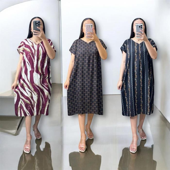 Rarestore Collection Dress Panjang Selutut Busui Motif Kekinian Wanita Casual Baju Gaun Simple Midi