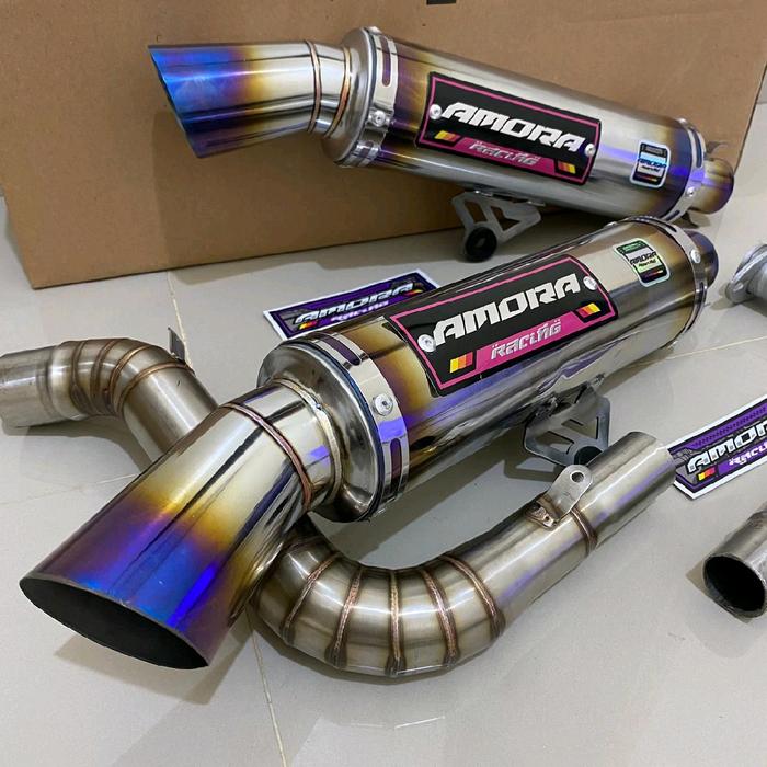 KNALPOT SAMLONG HALF BLUE  FULL STAINLESS TITANIUM ORIGINAL AMORA RACING MOTOR VARIO BEAT MIO NMAX P