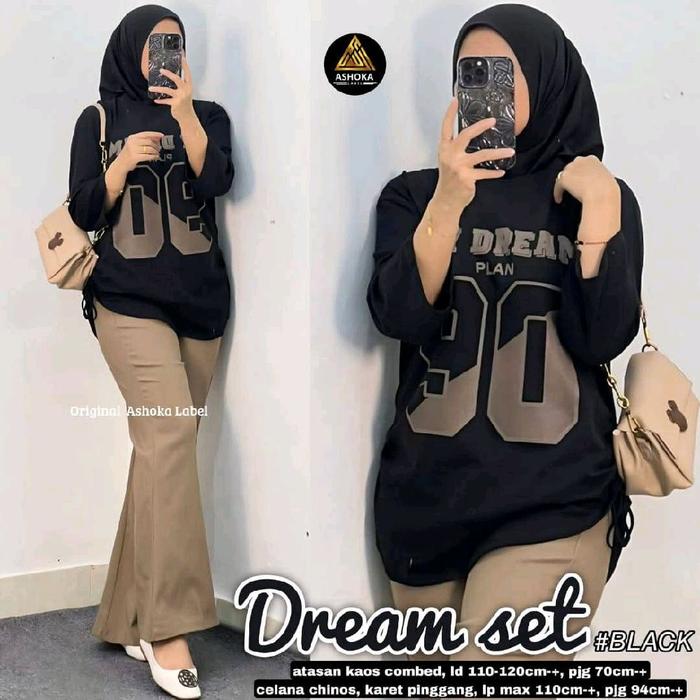 Ashoka Label Setelan Baju Kaos Dream Set Mocca Atasan Kaos Combed Celana Chinos Karet Pinggang Origi