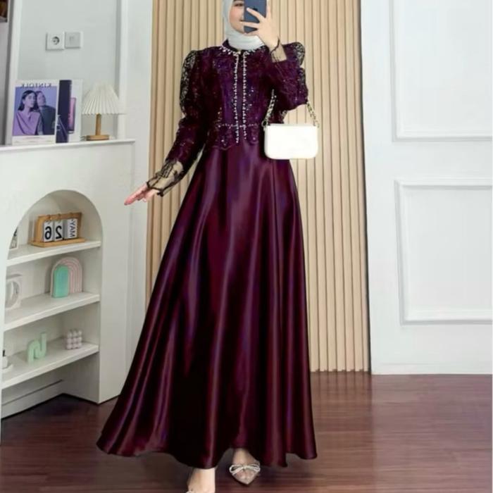 Sakura Dress Maxy Gamis Wanita Modern Baju Pesta Burgundy Mix Brukat Mutiara Glitter Gaun Mewah Eleg