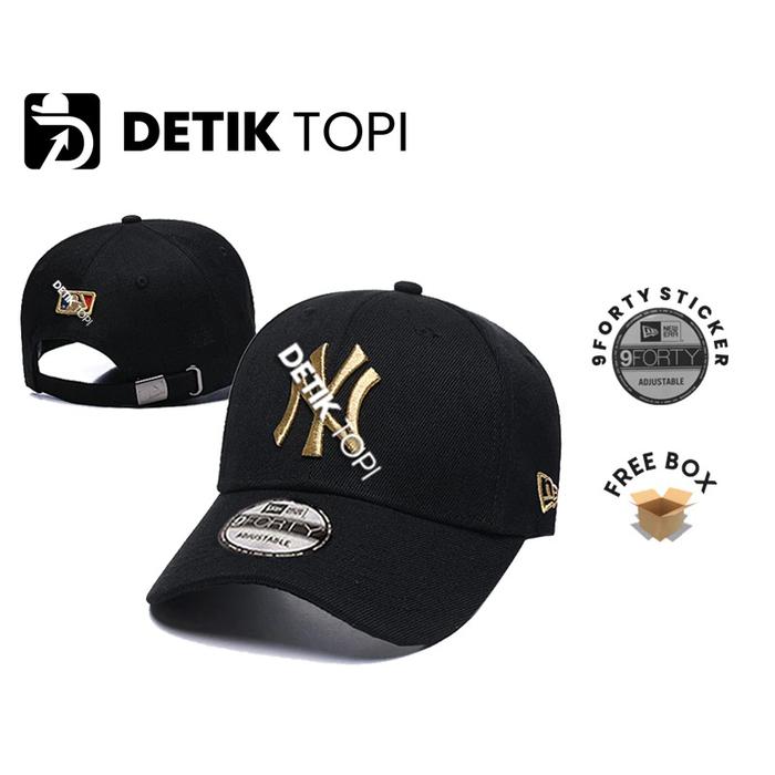 NEW TOPI BASEBALL NY HITAM BLACK GOLD EMAS WHITE PUTIH LORENG A FRAME BORDIR