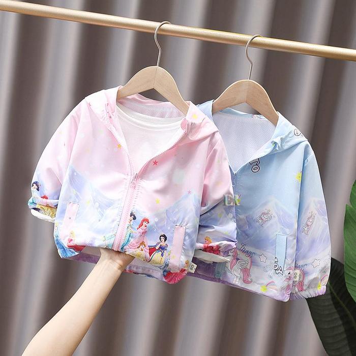 LNR Shop Jaket Anak Perempuan Dengan Topi Motif Unicorn Princess Snow White Cinderella Aurora Belle 