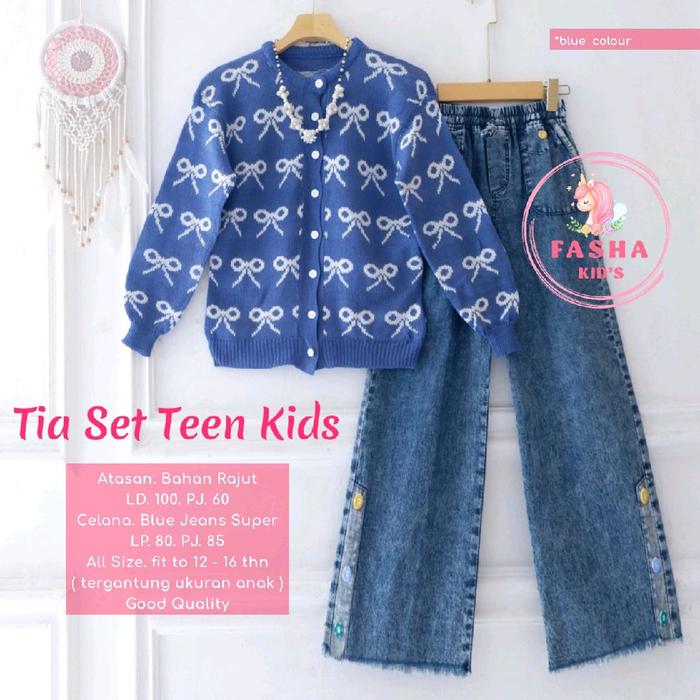Tia Set Celana Teen Kids Usia 12-16 Tajun Set Atasan Rajut + Celana Jeans Remaja Perempuan Motif Pit