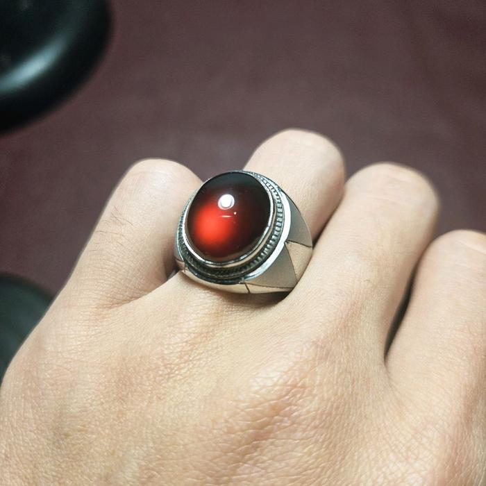 Cincin Batu Permata Natural Red Garnet Black Mamba Model Simpel Bahan Monel Stainless Steel
