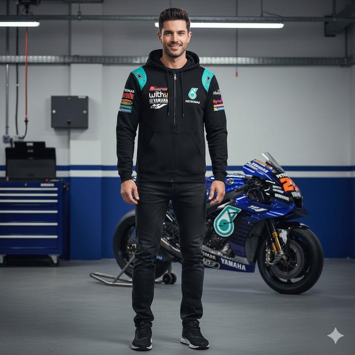 Petronas Jaket Hoodie Hitam dengan Logo Yamaha & Michelin untuk Pria dan Wanita
