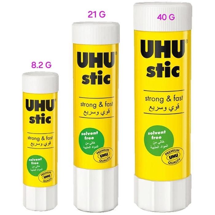 Lem UHU Stick Tersedia dalam tiga ukuran yaitu 8.2 gram (kecil), 21 gram (sedang), dan 40 gram (besa