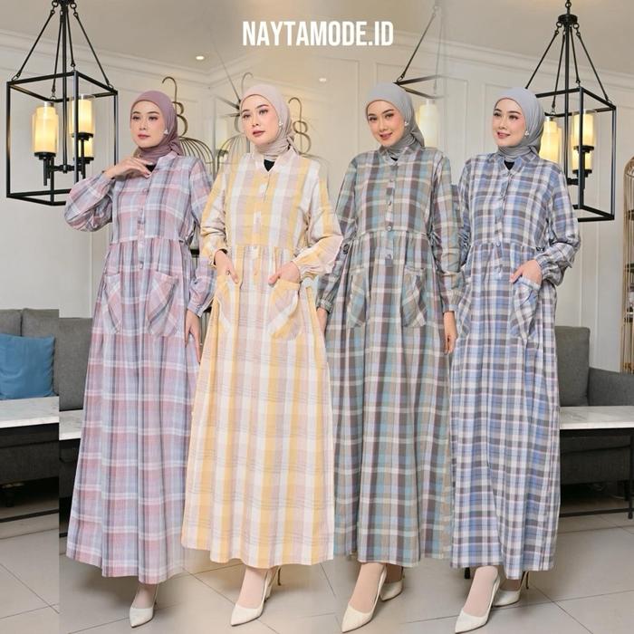 Nayta - Gamis Triset Premium Wanita | Gamis Triset Premium Motif Kotak | Gamis Triset | Gamis Kotak-