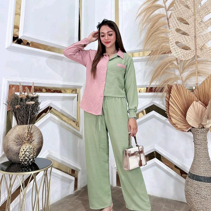 PAKET HEMAT 1x checkout isi 2pcs TIARA one set cringkel airflow ld 110cm Baju Celana Kancing Panjang