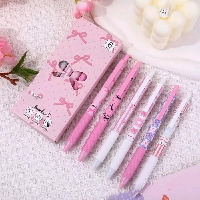 6pcs ribbon pink Set Pulpen Gel  Lucu Heart Pen Kawaii Aesthetic Tinta Hitam School & Educational Su
