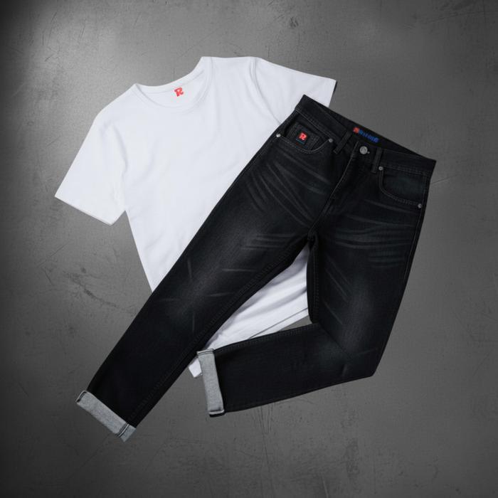 RAKERBE Paket Celana Jeans Denim Blackjazz 13.5oz Slimfit + Kaos Polos Cotton 30s