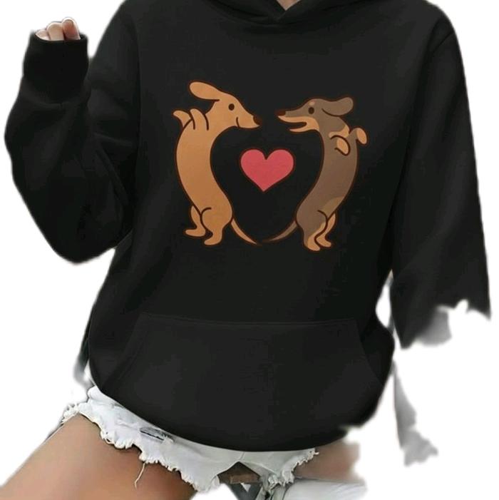 Jaket Hoodie Jumper Wanita Pria Unisex Oversize Motif Kartun Anjing Dachshund Love Heart Sosis Cute 