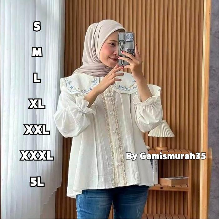 Yonvi.id - Evalina Blouse - LD 92 98 105 110 120 130 140 cm - Atasan Bordir Linen Wanita LINEN CRINK
