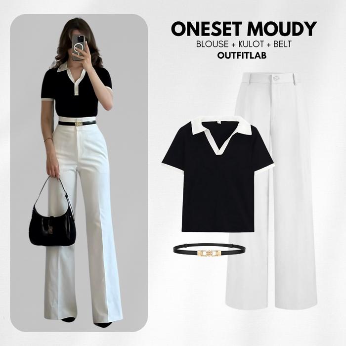Moudy Outfit Set Wanita Kekinian ( Kaos Kerah + Loose Pants Knitt + Ikat Pinggang ) One Set OOTD Sim