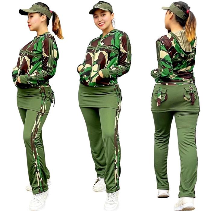Set Baju Senam Army Rok Hijau Setelan Gym Gowes Cycling Jogging Training Panjang Hijab