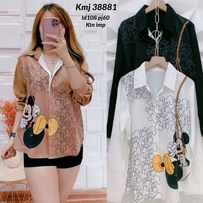 Kemeja Import Miky Import Kmj 38881 ld108 pj60 Ktn imp Desain Mickey Mouse Warna Coklat & Putih