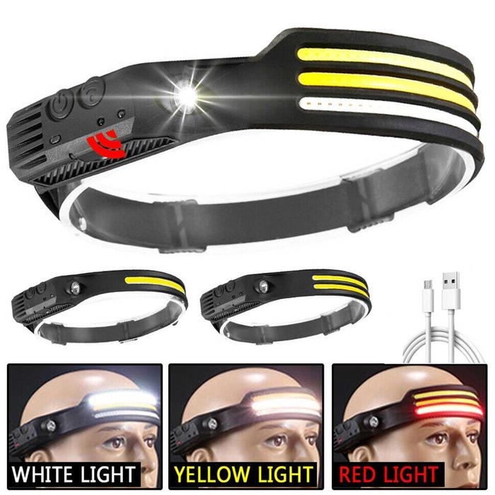 Terlaris, COB Lampu Kepala LED Senter Sensor Lampu Depan USB Senter