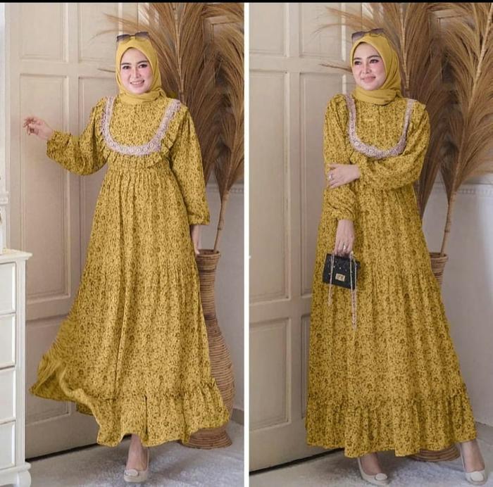 Gamis Wanita Nadira Dress Bunga Ceruty Babydoll Renda